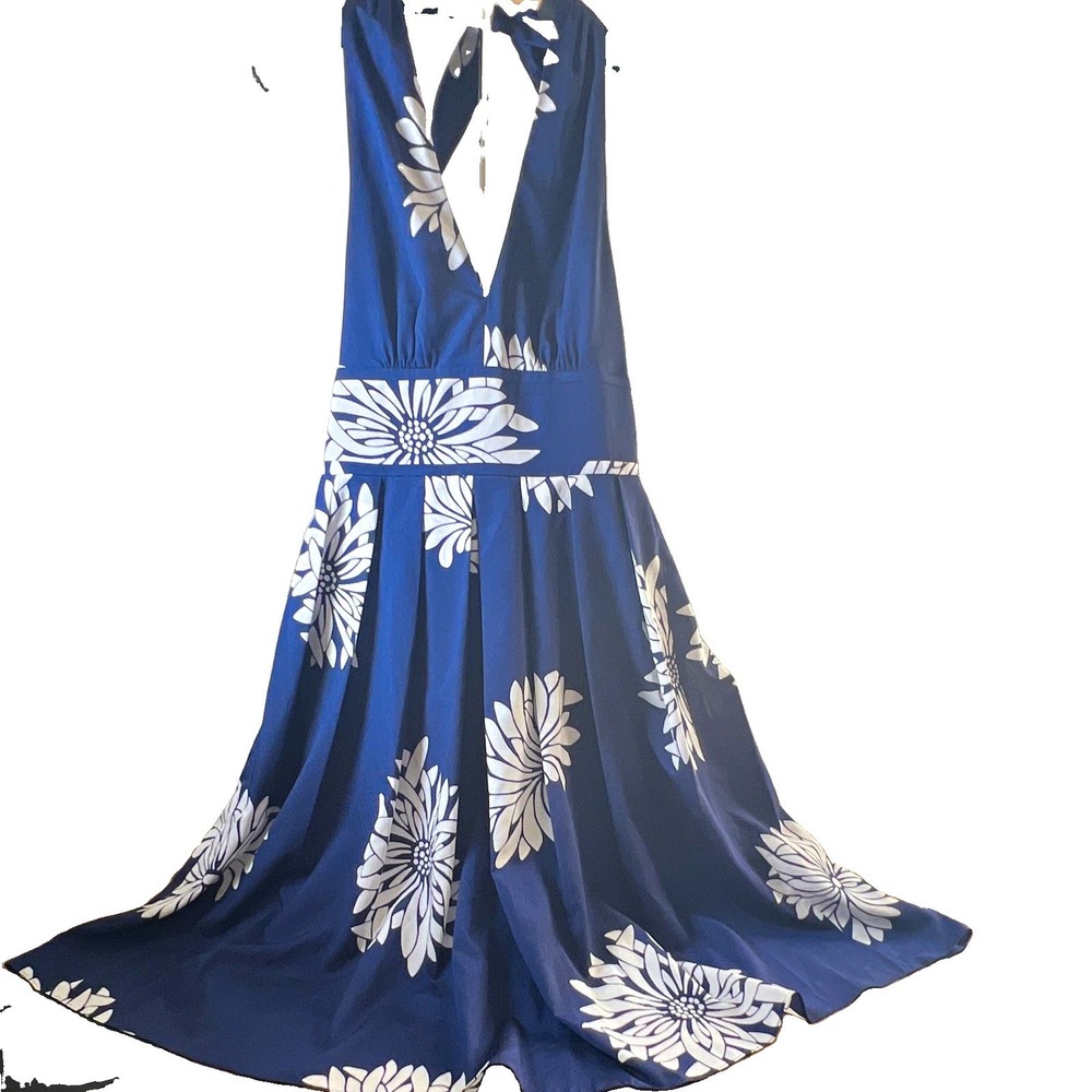 Adrianna Papell Navy/White Floral Satin V-Neck Halter Maxi Dress Size 2
